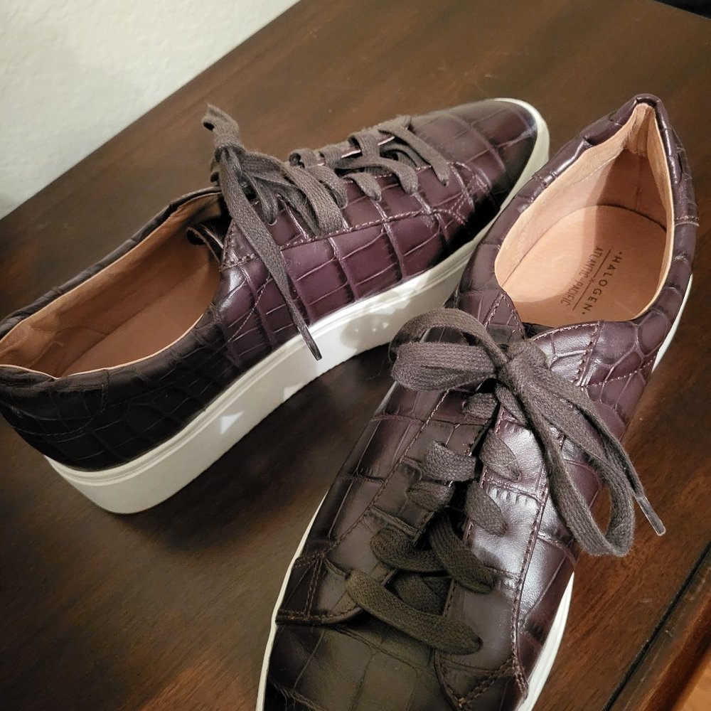 Halogen Platform Leather Sneakers, Brown, Size 9, very good preowned condition